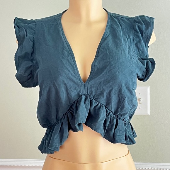 Madewell Tops - Madewell Crop Top Womens Medium V-Neck Ruffle Hem Flutter Sleeve Blue Boho Chic